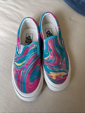 Vans Woman’s Slip-On Sneakers in Teal, Pink & Gold Swirl
